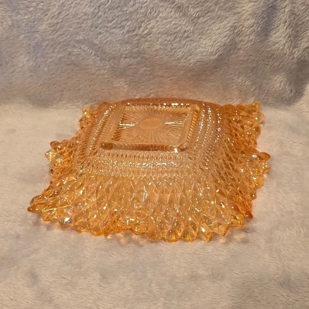 Vintage Indiana Marigold Carnival‎ Glass Square Bowl Diamond Point Sawtooth Edge
